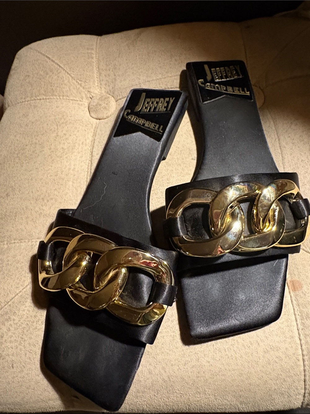 Jeffrey Campbell Black Slides with Oversized Gold Chain